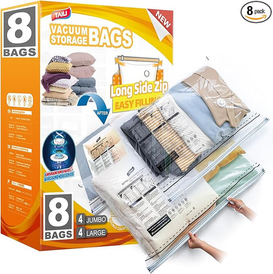 TAILI 8 Pack Vacuum Storage Bags, LONG SIDE ZIP (4 Large+4 Jumbo), Multi-Size Vacuum Seal Bags for Clothing, Storage Bulky Beddings, Blankets and Clothes, Space Saver for Closet Organization