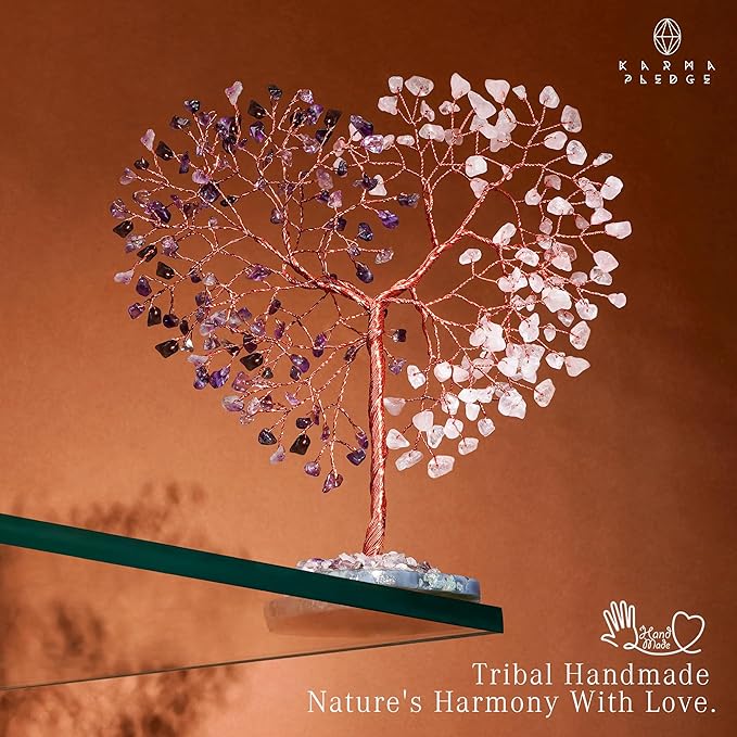 Crystal Tree for Home and Office Decoration, Amethyst & Rose Quartz Healing Stones Handmade Tree of Life for Positive Energy, Money, Good Luck, Christmas Decor, Birthday Gifts for Women, Mom