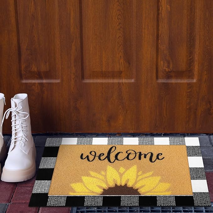 2 Pcs Fall Door Mat Sunflower Welcome Non Slip Coir Mats Autumn Floral Buffalo Plaid Floor Layering Doormats for Home Front Door Porch Entryway Decor