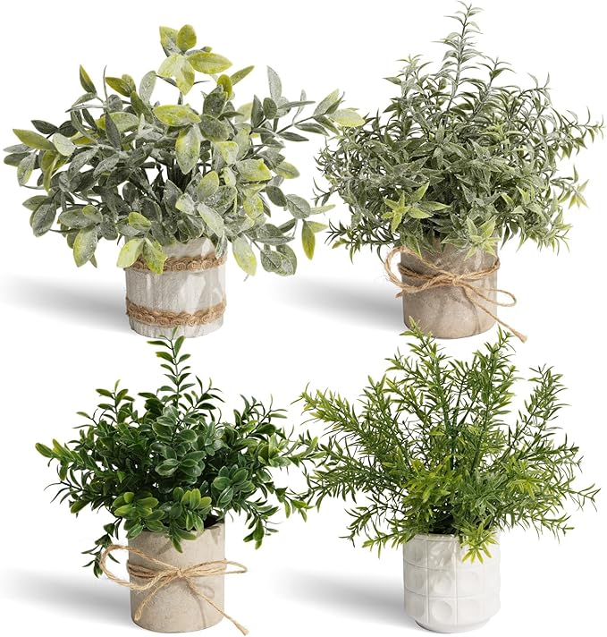 4 Pack Small Fake Plants for Home Decor, Rustic Artificial Plants Indoor in Pulp Pots, Faux Plants Indoor for Bathroom Kitchen Office Desk Shelf Farmhouse Room Decor