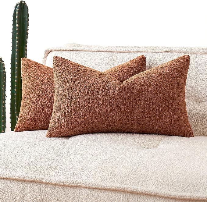 MIULEE Fall 12x20 Inch Decorative Lumbar Throw Pillows for Bed Set of 2 Textured Boucle Neutral Throw Pillow Covers Rust Accent Solid Pillowcase Cozy Soft Sofa Livingroom Home Decor
