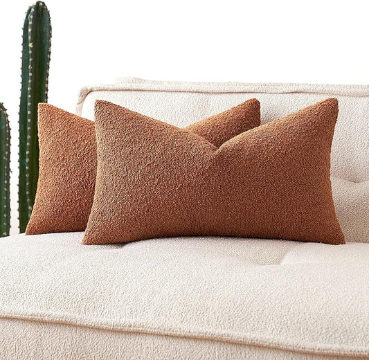 MIULEE Fall 12x20 Inch Decorative Lumbar Throw Pillows for Bed Set of 2 Textured Boucle Neutral Throw Pillow Covers Rust Accent Solid Pillowcase Cozy Soft Sofa Livingroom Home Decor