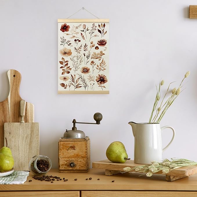 TLESKE Rustic Fall Floral Leaves Botanical Poster Hanger Frame, Aesthetic Autumn Hanging Wall Art Room Decor for Farmhouse Living Room Bedroom, Vintage Flowers Wall Prints Pictures Artwork, 12x16