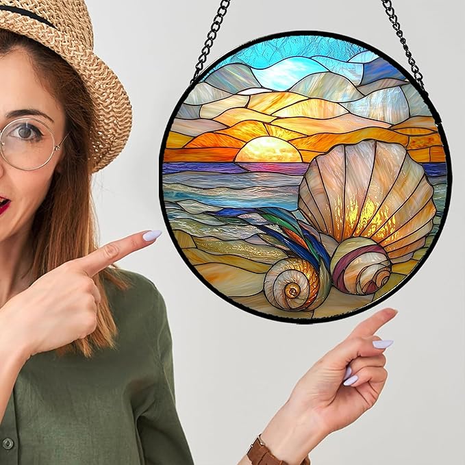 Stained Glass Window Hanging - Colorful Beach Shells Conch Sun Catcher for Door Home Decor Ocean Suncatcher Christmas Mother's Day Birthday Sea Lover Gifts for Women Men Mom Nana 6.3 in