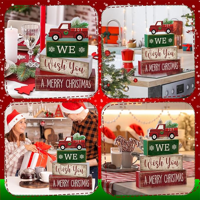 4 Pcs Rustic Christmas Decor Wooden Red Truck Winter Tiered Tray Decor Merry Christmas Table Centerpiece Wood Red Truck Block Sign Gift Farmhouse for Home Kitchen Tabletop Office Shelf