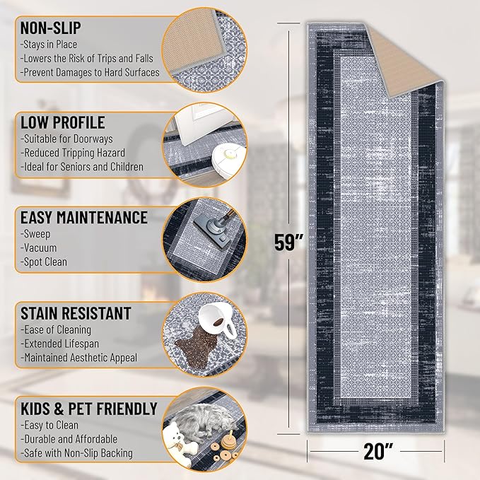 Ottomanson Hallway Runner Rug 20" x 59" Non Slip Border Area Rugs Easy to Clean Laundry Rug Runner Durable & Pet Friendly Floor Carpet Runners for Hallways Entryway Living Room Kitchen, Gray/Navy