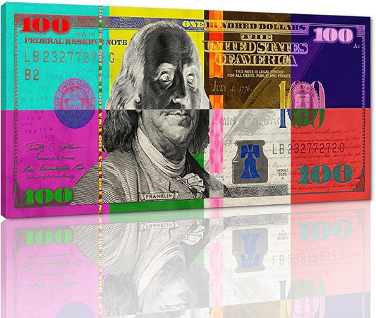 Yatsen Bridge Vivid Colorful 100 USD Artwork Abstract Creative Benjamin Franklin 100 Dollar Bill Color Blocks Canvas Paintings Wall Art HD Print Modern Home Office Decor Gallery Wrapped Easy to Hang