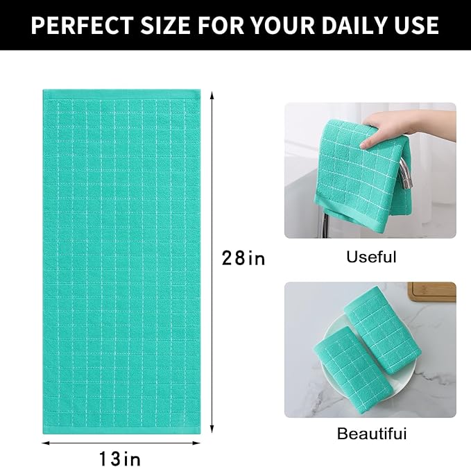 Homaxy 100% Cotton Terry Kitchen Towels(Turquoise, 13 x 28 inches), Checkered Designed, Soft and Super Absorbent Dish Towels, 6 Pack