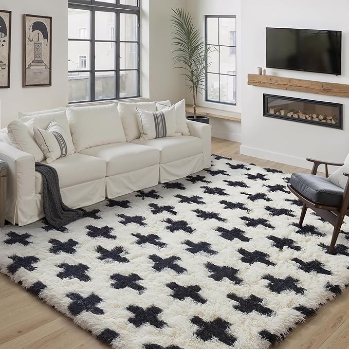 Modern Rug 8x10 for Living Room, Black and White Shag Rug Washable Non-Slip Large Area Rug Super Soft Indoor Fuzzy Carpet Fluffy Rugs for Bedroom Home Aesthetic Decor
