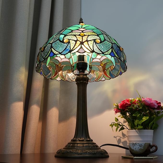 Tiffany Stained Glass Table Lamp, Retro-Style Blue Spot Bedside Lamp, Suitable for Home Decoration Art in Bedrooms, Dormitories, Living Rooms, Etc. (12 Inches)