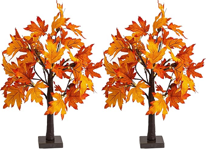 Dazzle Bright 2 Pack 24 Inch Lighted Thanksgiving Fall Maple Tree Decor, 24 LED Battery Operated Decorations Artificial Tree with Timer for Indoor Home Room Holiday Xmas Party