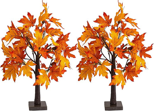 Dazzle Bright 2 Pack 24 Inch Lighted Thanksgiving Fall Maple Tree Decor, 24 LED Battery Operated Decorations Artificial Tree with Timer for Indoor Home Room Holiday Xmas Party