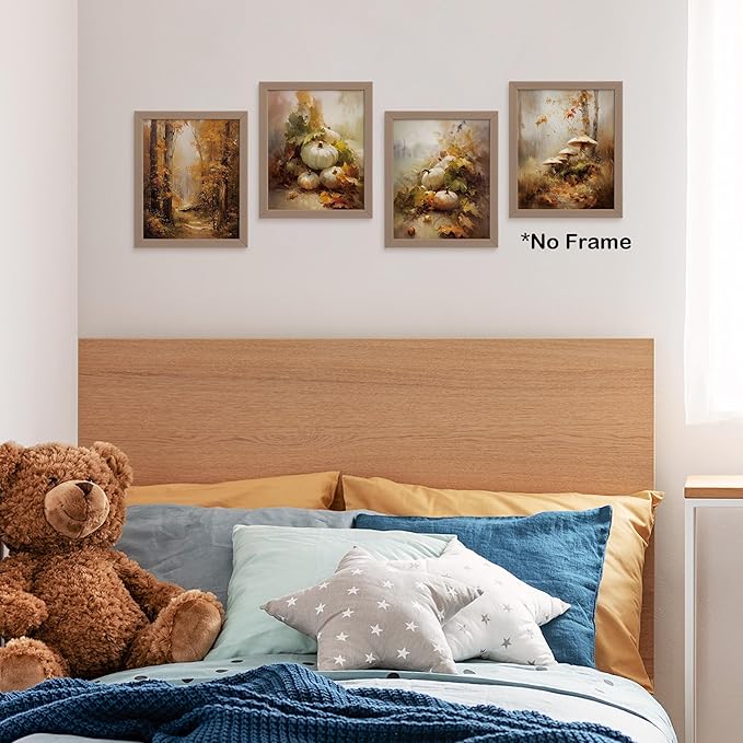 TLESKE Fall Vintage Forest Landscape Posters Prints Unframed 8x10 Set of 4, Autumn Pumpkins Mushroom Wall Art Prints Decor for Farmhouse Bedroom Living Room, Cottagecore Rustic Wall Pictures