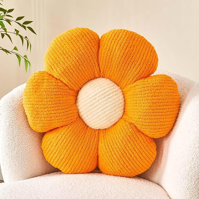 Flower Throw Pillow, Soft Orange 17.7" Shaped Floor Pillow for Home Decor, Cute Aesthetic Plush Decorative Pillows for Bed, Sofa, Couch