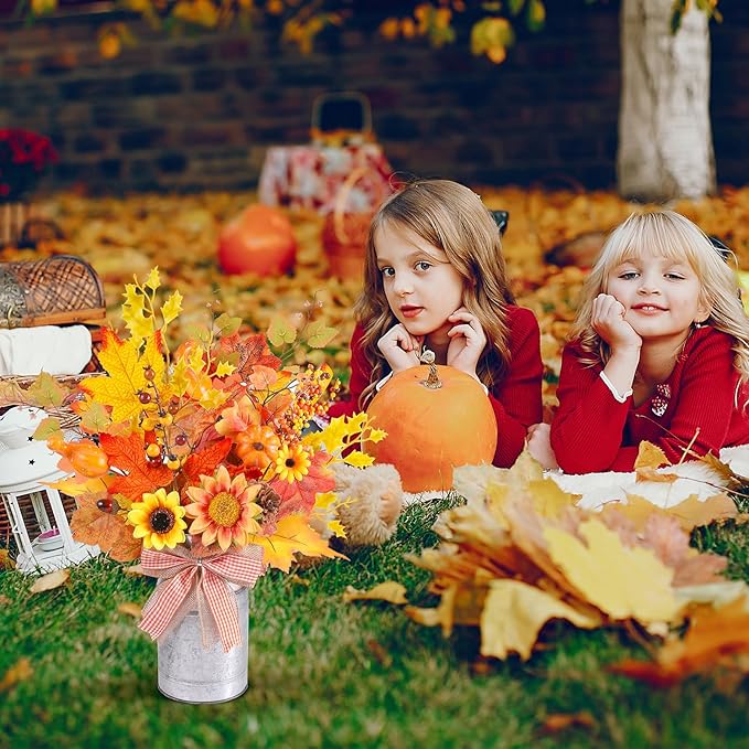 15.7" H Fall Table Decor Centerpiece Rustic Metal Vase with Artificial Pumpkin Pinecone Sunflower Berry Maple Leaf Autumn Harvest Floral Arrangement Decoration for Home Kitchen Autumn Thanksgiving