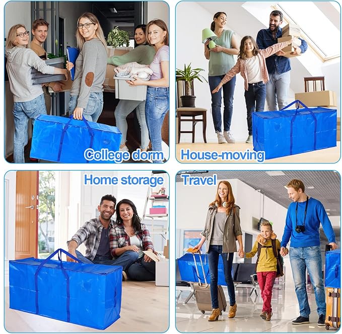 66 Gallon Extra Large Moving Bags - Heavy Duty Storage Bags with Zipper & Strong Handles, Blue Packing Bag for Moving, Storage, Travel and Camping, College Dorm & Home Supplies, 4 Pcs