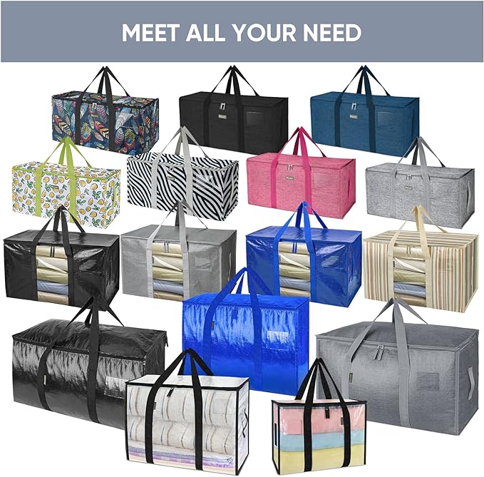 TICONN 12 Pack Extra Large Moving Bags with Zippers & Carrying Handles, Heavy-Duty Storage Tote Moving Boxes for Space Saving