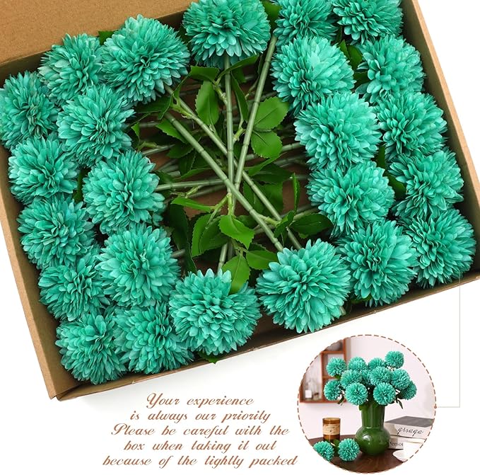 Floweroyal 24pcs Teal Flowers Artificial Chrysanthemum Ball Silk Hydrangea Flowers Bridal Wedding Bouquet for Home Garden Party Office Coffee House Decoration