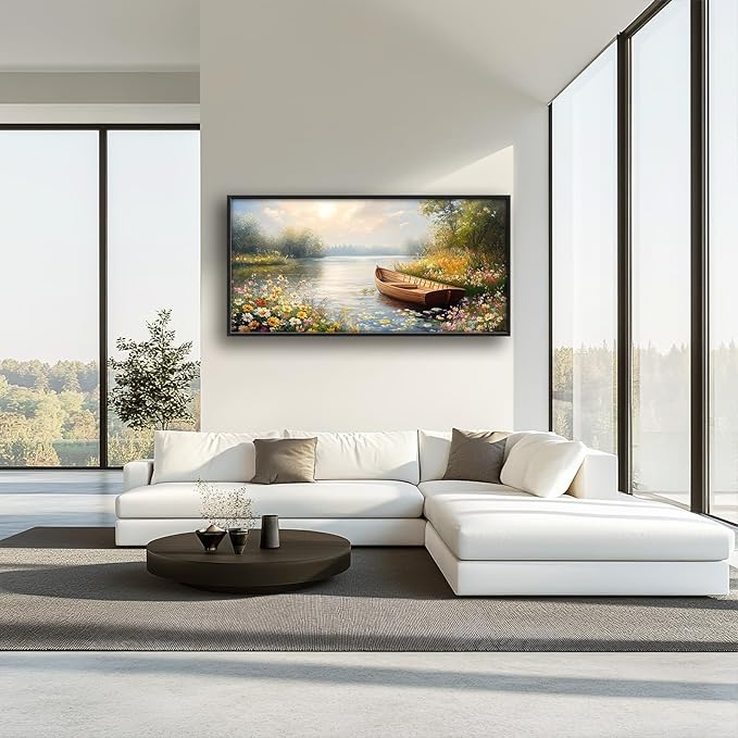 Framed Large Wall Art for Living Room, Lake Boat Canvas Wall Decor, Flower Pictures Painting, Natural Landscape Artwork for Living Room Bedroom Office 60L'' × 30W''