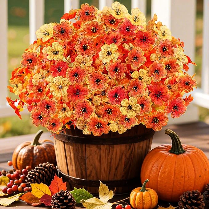 16 Bundles Artificial Fall Flowers for Outdoors, Realistic Fake Silk Flowers with Eucalyptus, No Fade Faux Fall Plants for Planter, Patio, Front Porch & Garden Decor