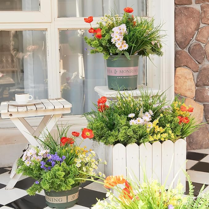 23Pcs Outdoor Artificial Boxwood UV Resistant Fake Stems Plants, Faux Plastic Greenery for Indoor Outside Hanging Plants Garden Porch Window Box Home Wedding Farmhouse Décor