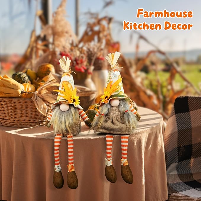 Thanksgiving Decorations – 2PCS Fall Gnomes Plush Shelf Sitters with Dangling Legs, Harvest Gnome Couple for Table Decor, Tiered Tray, Farmhouse Gnomes Gifts for Women