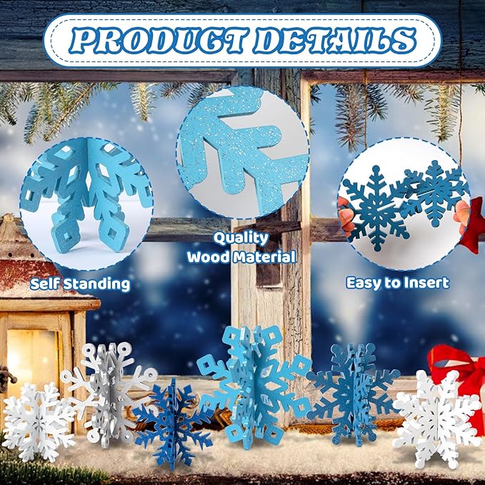 OuMuaMua 6 Set Snowflake Christmas Table Decorations - 12pcs Blue White Glitter Wooden 3D Snowflake Decor Tabletop Centerpiece for Christmas Party Supplies Home Decor