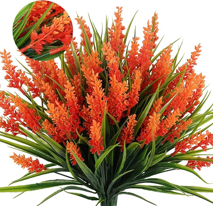 Faux Fall Flowers for Outside,Artificial Plants Outdoor, UV Resistant Faux Monkey Grass Greenery Stems Faux Plastic Flowers Shrubs for Home Weddings Garden Porch Front Patio Office Decor(Orange)