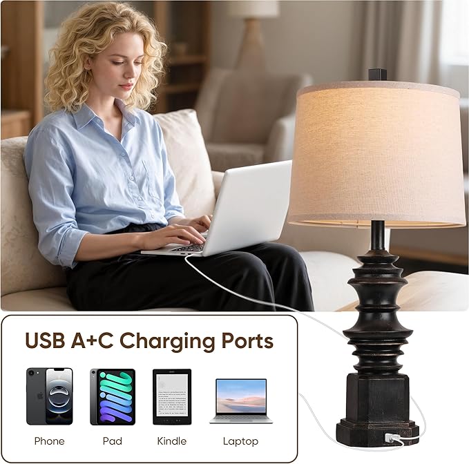 QiMH Table Lamps for Nightstand Set of 2, Bedside Lamp with USB A+C Charging Ports, Farmhouse Table Lamp with Linen Lampshade, Lamps for Living Room, Bedroom Lamps with LED Bulbs, Black