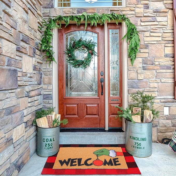 2 Pcs Christmas Welcome Door Mat Lime Green Hand Outdoor Welcome Mats for Front Door Non Slip Xmas Coir Floor Mat Black White Checked Christmas Rug for Outside Front Porch Entryway Decor
