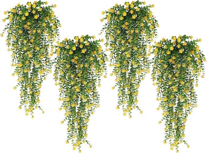 SJL Faux Hanging Plant Artificial Hanging Plants Indoor Ferns for Outdoors 4pcs Fake Plants Vines Eucalyptus Leaf Plastic Flowers Real Touch All Year Round Decor Arch Porch (Yellow)