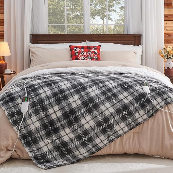 Black Electric Heated Blanket King Size, 90X100 Black Blanket with Dual Control&10 Heats Levels&Timer for Bed,Large Plaid Sherpa Heating Blankets Warmer Gifts for Grandma Women Adults,Washable, ETL