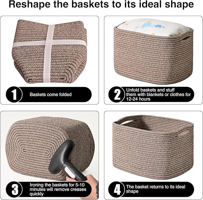 Storage Baskets for Shelves Organizing, Woven Cotton Rope Baskets for Storage, Book Basket, Decorative Shelf Basket, 12.5"Lx9.1''Wx7.9''H (4 Packs) Dark Brown