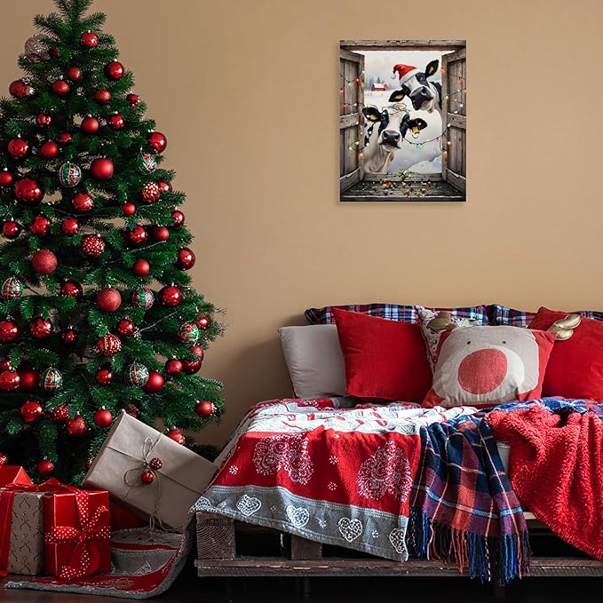FITIE Funny Christmas Cow Canvas Wall Art Poster, Farmhouse Christmas Decor, Rustic Country Holiday Winter Farm Animal Framed Artwork Prints Wall Decor for Home Bedroom Living Room, 11x14 Inch