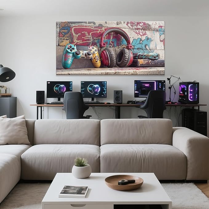 Game Wall Art Graffiti Gamepad Earphone Canvas Art Wall Decor Print Pictures For Bedroom Cool Video Gaming Poster Print Painting Room Decor For Boys Playroom Home Wall Decor Artwork 20"X 40"