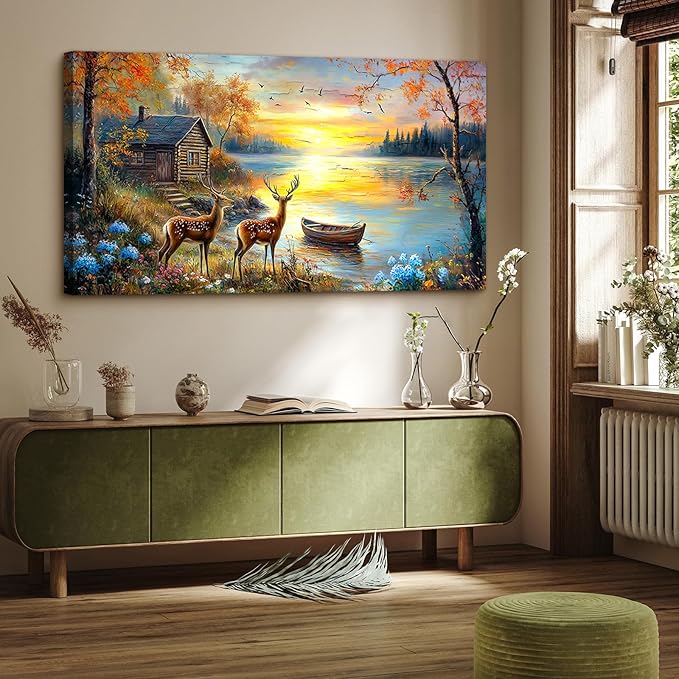 crmotu Autumn Landscape Wall Art, Elk Deer Animal Extra Large Canvas Painting, Lake Boat Sunset Scenery Art Prints, Forest Cottage Rustic Farmhouse Wall Decor Living Room Bedroom Dining Room 30X60 In