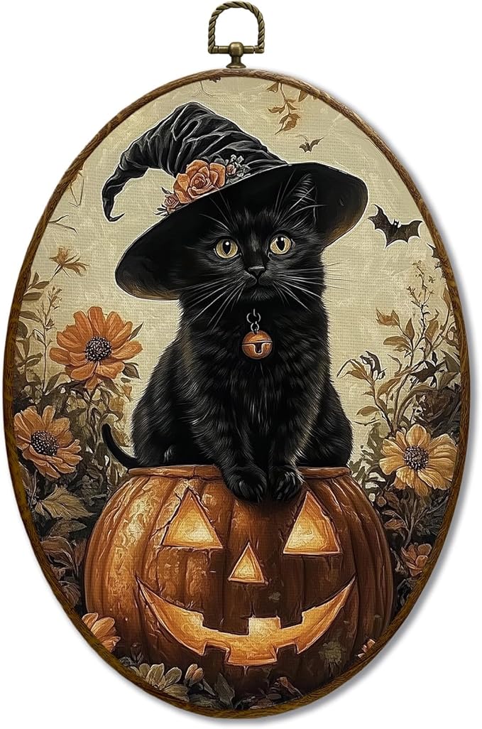 JQF Vintage Halloween Witchy Black Cat Oval Wall Art, Dark Academia Gothic Witch Pumpkin Oval Canvas Wall Art, Halloween Fall Framed Prints Hanging Decor for Home Bedroom Living Room, 8.5x11.5 Inch