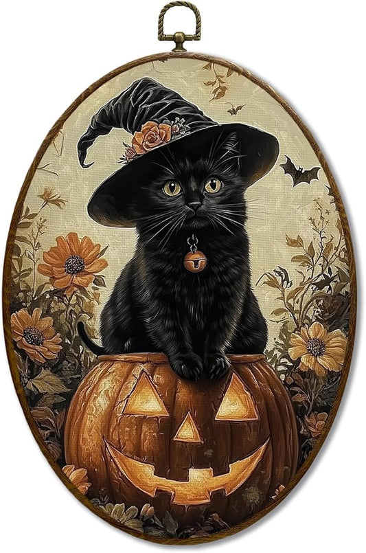 JQF Vintage Halloween Witchy Black Cat Oval Wall Art, Dark Academia Gothic Witch Pumpkin Oval Canvas Wall Art, Halloween Fall Framed Prints Hanging Decor for Home Bedroom Living Room, 8.5x11.5 Inch
