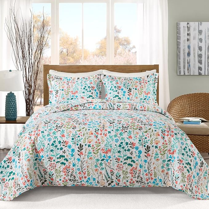 VAPUTAR King Size Quilt-3 Pieces Botanical Bedspread King Size (98 x 106 inch), Lightweight Coverlet Set with Garden Style Floral Pattern,Oversized Quilted Bedding Set with Shams for All Season