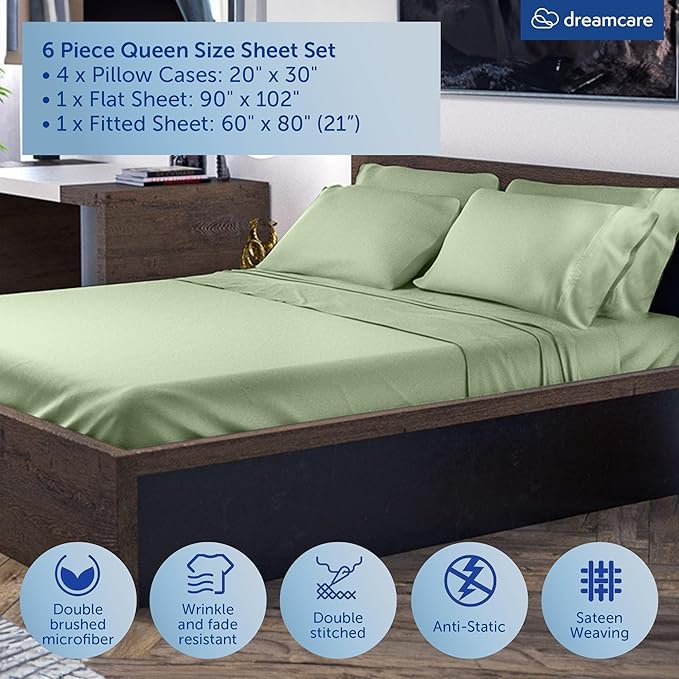 DREAMCARE Queen Sheet Set – 6 pcs Cooling Bed Sheets – up to 21” Deep Pocket Queen Sheets Set – 2500 Supreme Collection – Extra Soft 100% Brushed Microfiber Hotel Luxury with Side Pocket – Sage Green