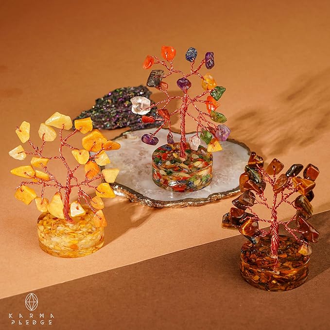 Crystal Tree Desk Decoration, Tree of Life 7 Chakra Healing Crystals & Stones for Positive Energy, Good Luck Gifts for Women and Mens, Set of 12 Handcrafted Trees for Home & Office (Orgone Base)