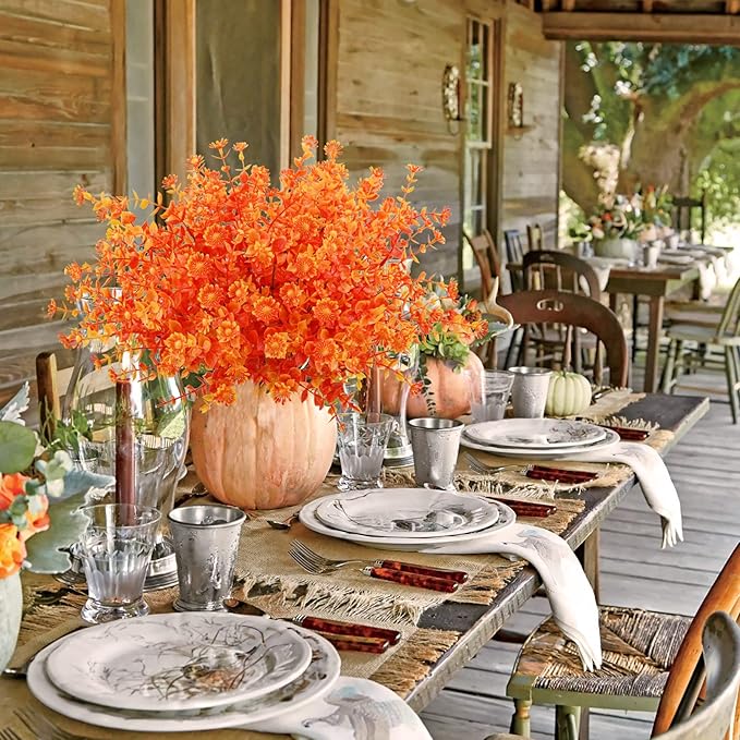 Agusbagli 10Pcs Artificial Fall Flowers Outdoor Autumn Fake Daisy Flowers UV Resistant Faux Plastic Greenery Shrub Plants for Wedding Home Garden Window Box Fireplace Thanksgiving Decor Orange