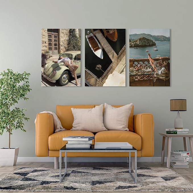 UCRAASDEB Fashionable Women Wall Décor, Mediterranean Coast Landscape Wall Art Set - Framed Vintage Travel Coastal Canvas Prints for Living Room Bedroom or Office 16L x 12W Ready to Hang Home Décor