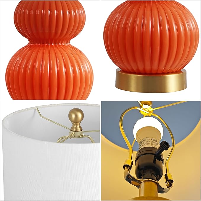 JONATHAN Y JYL1099E Daphne 20" Contemporary Transitional Metal/Glass Ribbed Gourd LED Table Lamp Bedroom, Living Room, Office, Dining Room, Orange/Brass Gold