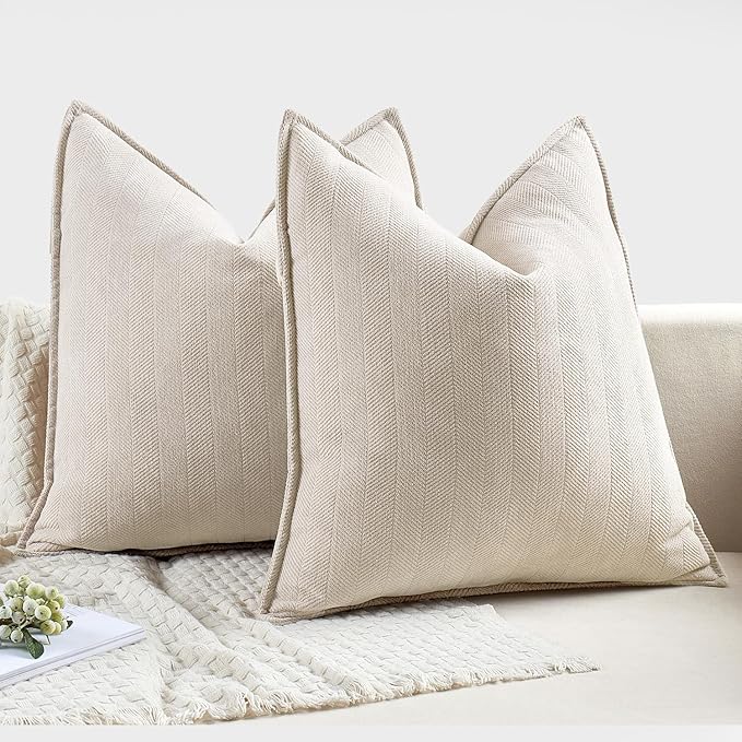 MIULEE Pack of 2 Cream Beige Decorative Pillow Covers 24x24 Inch Soft Chenille Couch Throw Pillows Farmhouse Cushion Covers Euro Shams with Elegant Design for Sofa Bedroom Living Room