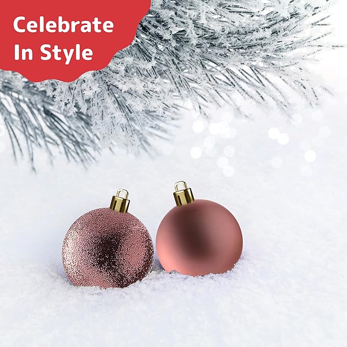 PREXTEX 36-Piece Rose Gold Christmas Ornaments Set - Shatterproof Tree Balls in 6 Styles and 3 Sizes with Hanging Loops to Decorate Christmas Tree - Ideal for Indoor and Outdoor Holiday Decor