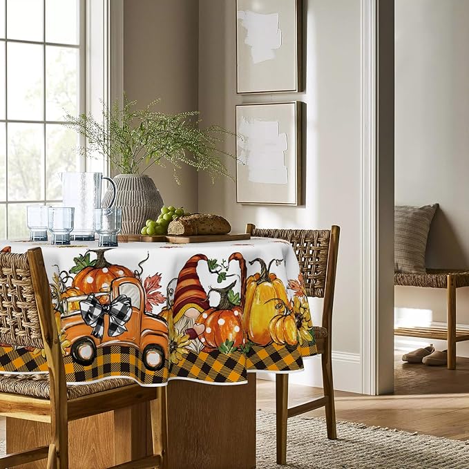 Horaldaily Fall Tablecloth 90×90 Inch Round, Thanksgiving Autumn Harvest Orange Truck Gnome Pumpkin Buffalo Plaid Table Cover for Party Picnic Dinner Decor