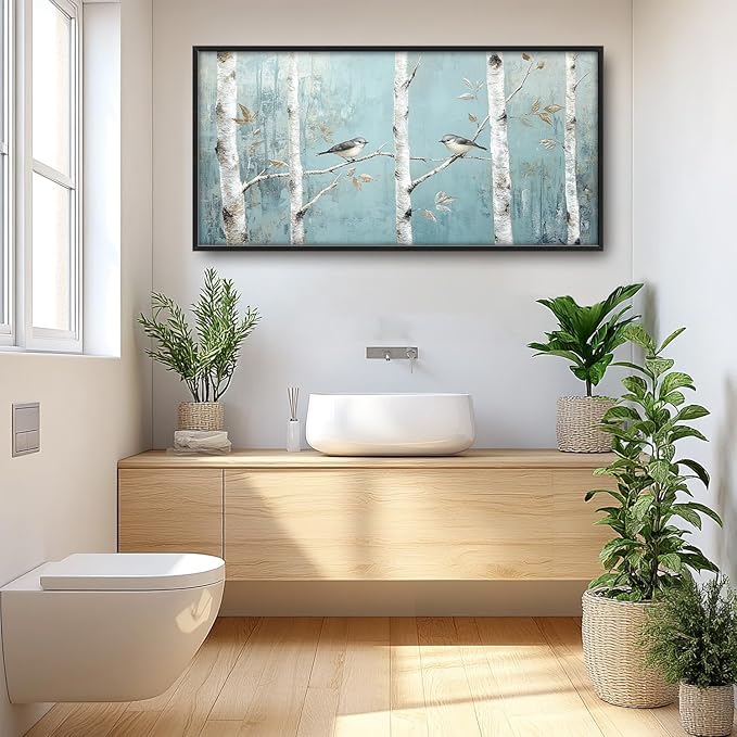 Flintis Large Birch Tree Bird Framed Wall Art Forest Birds Pictures Wall Decor Abstract Natural Landscape Canvas Painting Print Artworks Framed for Living Room Bathroom Master Bedroom 60L X 30W