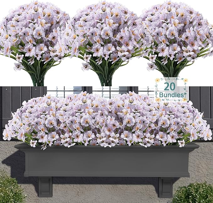 20 Bundles Artificial Flowers for Outdoors, UV Resistant Fake Flowers with Plastic Plants, Faux Silk Flowers for Planter outdoors, Fake Realistic Flowers for Window Box Front Porch Patio Decor-White