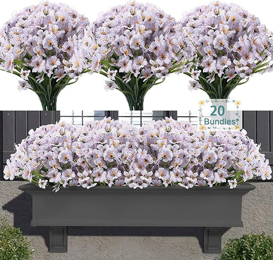 20 Bundles Artificial Flowers for Outdoors, UV Resistant Fake Flowers with Plastic Plants, Faux Silk Flowers for Planter outdoors, Fake Realistic Flowers for Window Box Front Porch Patio Decor-White